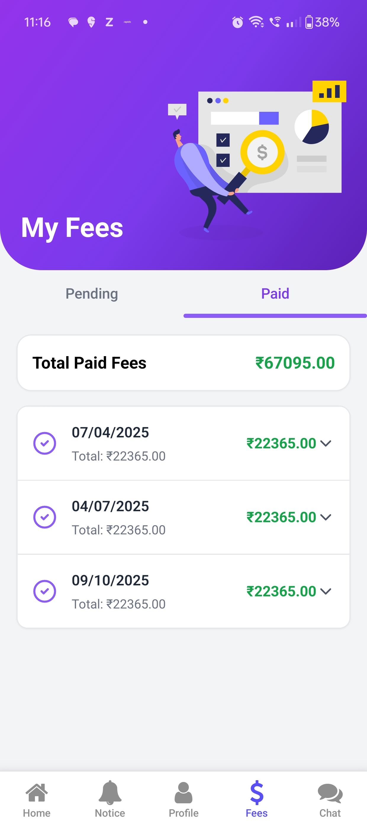 Fees Paid Tab Screen