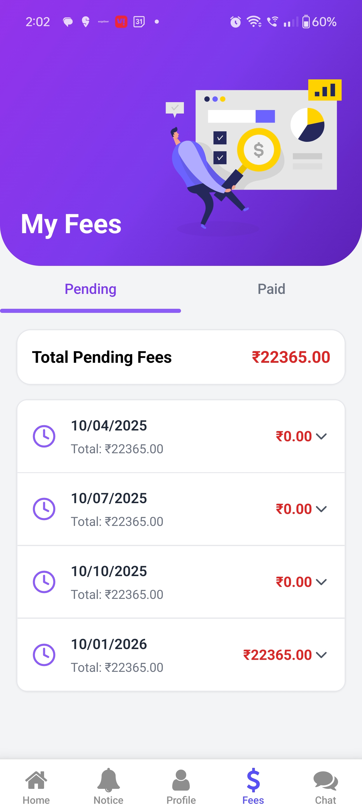 Fees Pending Tab Screen